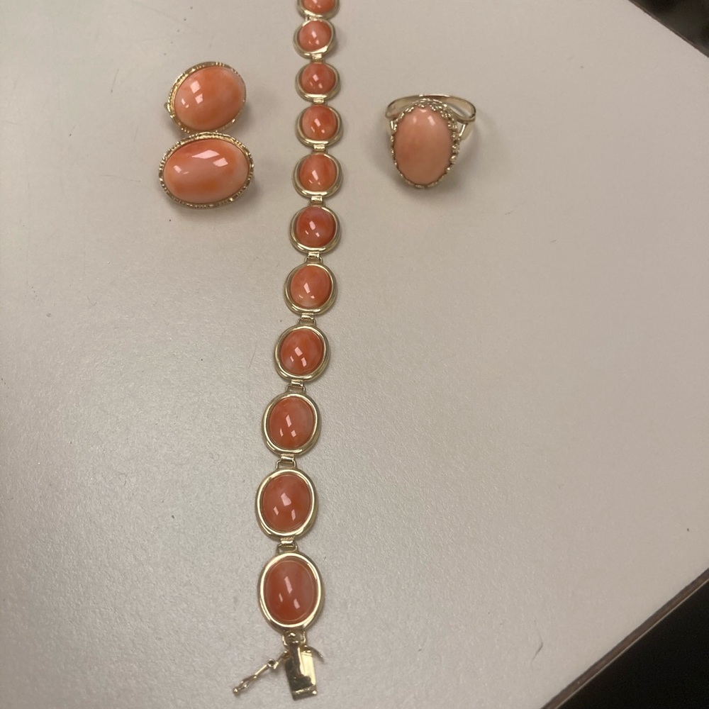 14k coral set ring bracelet earrings